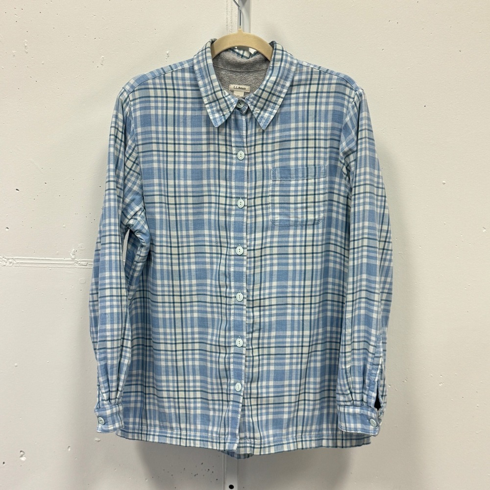 L.L. Bean Womens Fleece Lined Flannel Shirt Blue White Plaid M 285013 Jacket